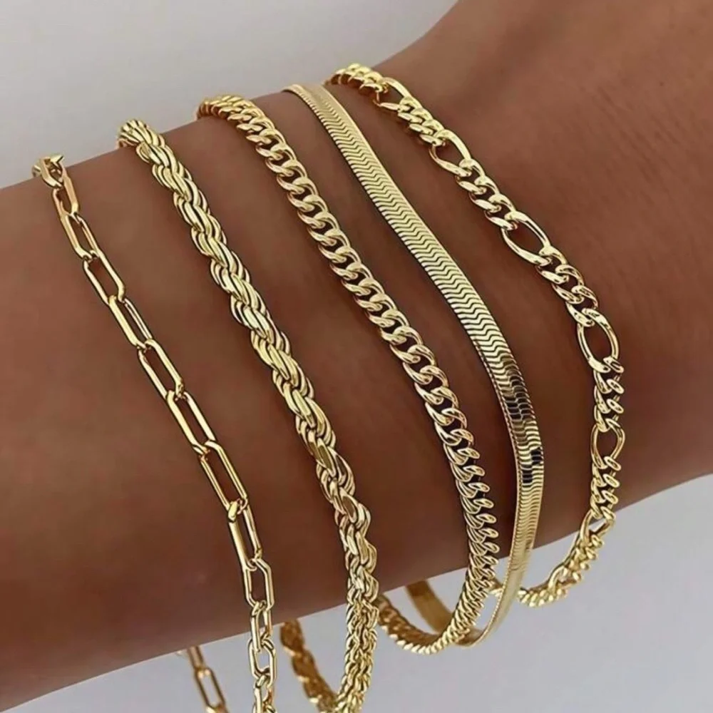 Gold Plated Stainless Steel 5PC Chain Bracelet Stack Layered Set